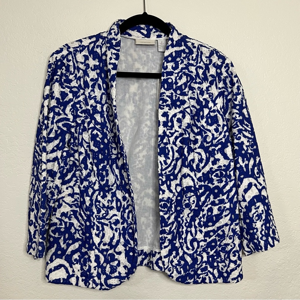 NWT Chico’s Electric Blue Printed Eyelet Open Cotton Jacket Women’s Size Large 2